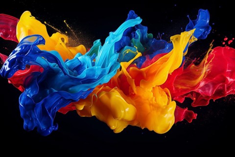 Abstract background of vibrant colorful paint splashes on black background, AI generated