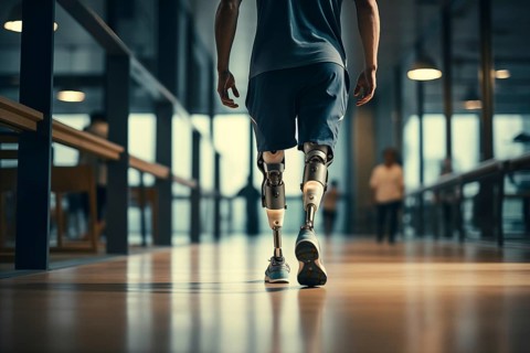 Amputee sportsman walking in corridor with bionic prosthetic legs prosthesis with robotic