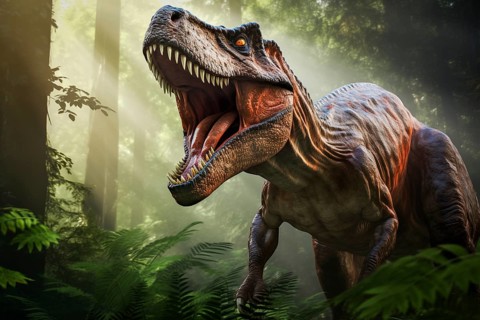 Tyrannosaur rex roaring in a prehistoric forest with lush vegetation, ferns and sunlight, AI