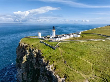 Aerial view of Dunnet Head with the lighthouse, the northernmost point of the British main island,