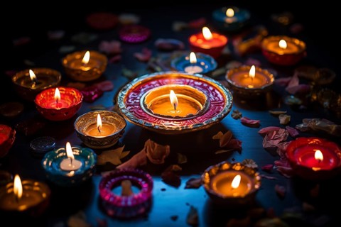 Diwali indian festival of lights background, burning diya lamps on a decorated table close up, AI
