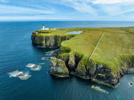 Aerial view of the lighthouse at Noss Head, North Sea coast, Wick, County Caithness, Scotland,