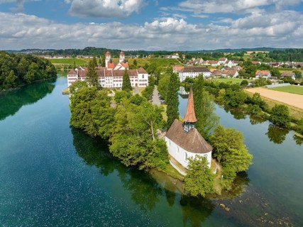 Aerial view of the former Benedictine abbey with the monastery church of St. Mary and the pointed