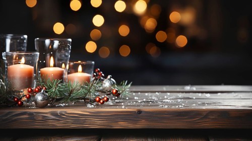 Christmas themed decorative empty wooden base for product item or text display, AI generated