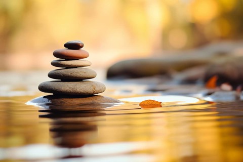 Stack of zen stones on water with a nature background. The image conveys a sense of balance,