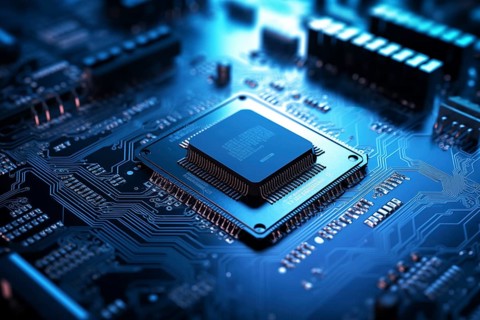 Close-up image of a blue circuit board with a central microchip processor CPU with various