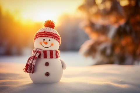 Smiling cute snowman with a red scarf and hat in a winter forest landscape at sunset. Concept the