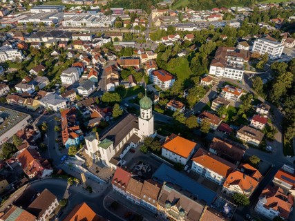 Aerial view of the town of Stockach with the church of St. Oswald in the upper town, historic town