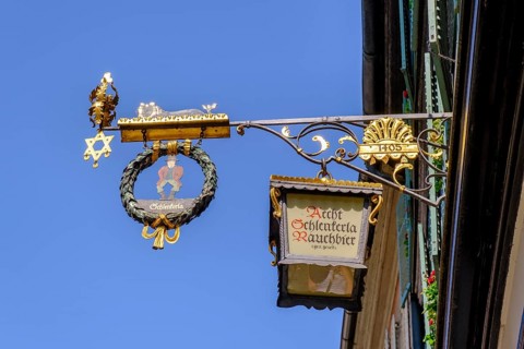 Tavern sign, Schlenkerla, the historic smoked beer brewery, Bamberg, Upper Franconia, Bavaria,