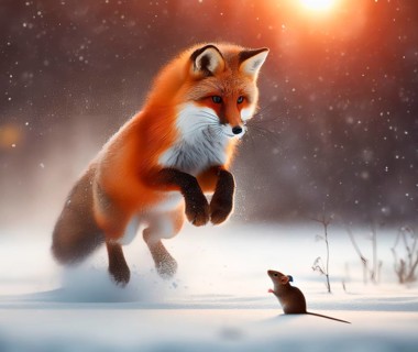 A red fox in winter fur jumping in pursuit of a mouse in the snow in a winter landscape, AI