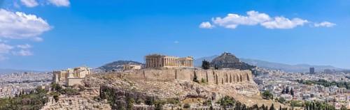 Ancient landmark citadel Acropolis of Athens seen from the Hill of the Muses, Philopappos Hill