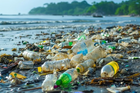 Plastic waste pollution, trash damages environment and ecology balance on earth, AI generated
