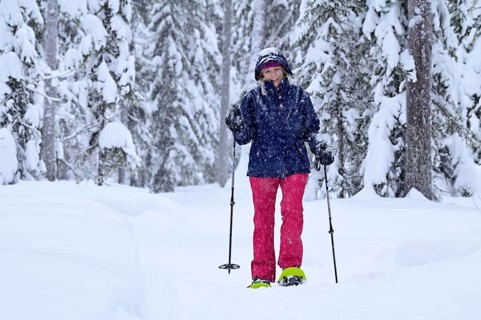 Woman trudging through snowy forest on snowshoes, Lapland, Finland, Europe