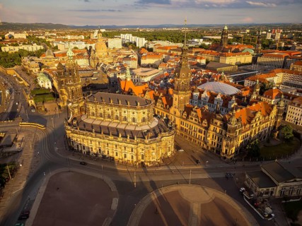 Old town of Dresden with the famous towers. in the foreground the Catholic Court Church