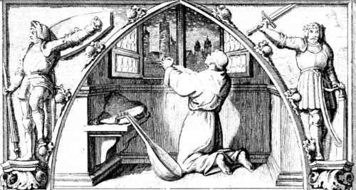 Martin Luther praying in preparation for the meeting with the emperor and the empire, chamber,