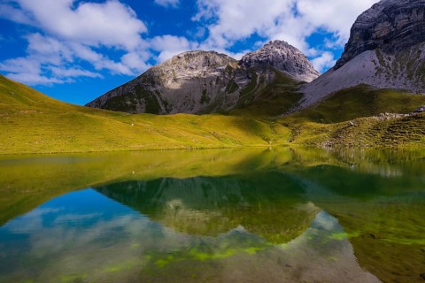 Rappensee, behind it Linkerskopf, 2459m, Rotgundspitze, 2485m, and Hochgundspitze, 2459m, AllgÃ¤u