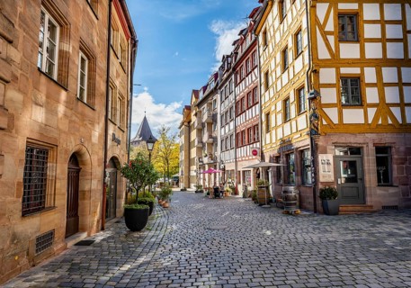 Historic half-timbered houses in WeiÃŸgerbergasse, in autumn, Old Town, Nuremberg, Middle