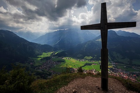 Hirschbergkreuz, Kleiner Hirschberg, view of Bad Oberdorf and Bad Hindelang and the AllgÃ¤u Alps,