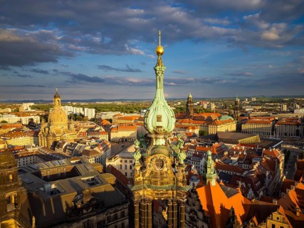 Old town of Dresden with the famous towers. in the foreground the Catholic Court Church