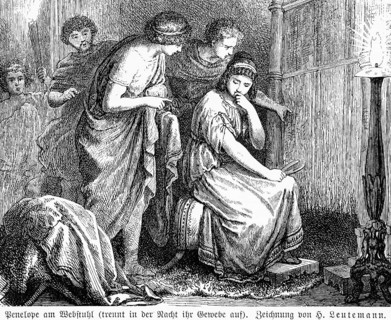 Penelope at night at the loom, portrait, Greek mythology, woman of Odysseus, important woman, room,
