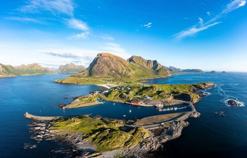 Fishing village Hovden, coast, fjords and mountains, Langoya island, Vesteralen archipelago,