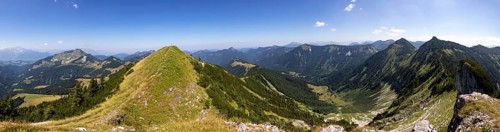Drone shot, panorama shot, mountain landscape, summit massif of the Regenspitz with Gruberalm,
