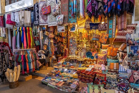 Stall with fabrics and souvenirs, Bandabulya Municipal Market in North Nicosia or Lefkosa, Turkish