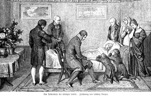 At the deathbed of Queen Louise, Louise of Prussia, room, king, doctor, children, woman, dying,