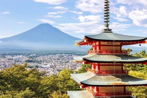 View of Mount Fuji with Chureito Pagoda in Arakurayama Sengen Park in Shimoyoshida, Japan, Asia
