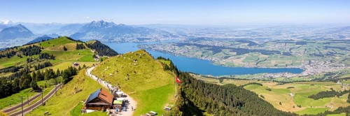 View from Mount Rigi to the city of Lucerne, Lake Lucerne and Pilatus Alps Panorama in Rigi,