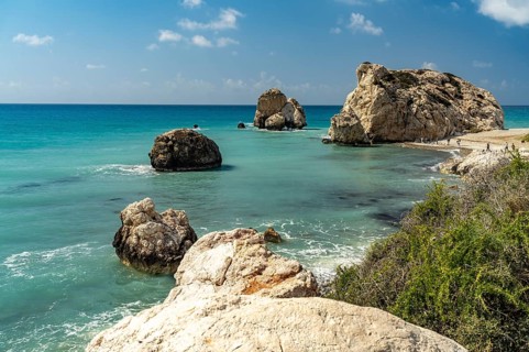Petra tou Romiou, the Rock of Aphrodite on the coast in Kouklia near Paphos, Cyprus, Europe