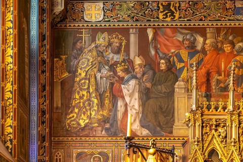 Painting in the interior of the Basilica of the Holy Blood in Bruges, Belgium, Europe