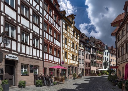 Historic old town alley with medieval half-timbered houses, WeiÃŸgerbergasse, Nuremberg, Middle