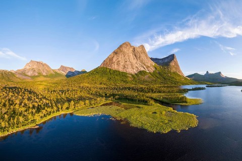 Mount Stortinden with lake, Efjord, Tysfjord, Ofoten, Nordland, Norway, Europe