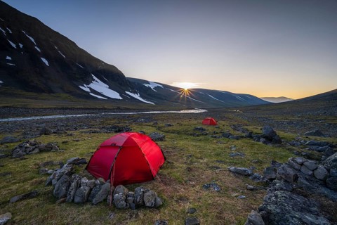 Two Red Tents in Kaskasavagge Valley, Gaskkasjohka River, Kebnekaise Massif, Lapland, Sweden,