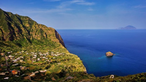 Islets, Scoglio Faraglione, green bay, houses, Filicudi island, Spiaggia di Pollara, Pollara beach,