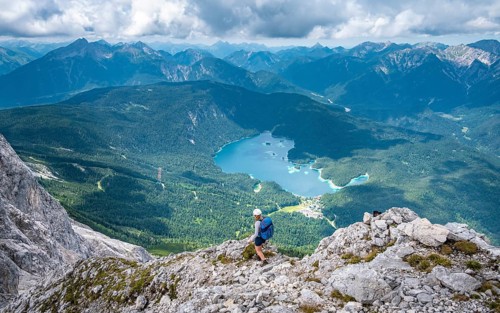 Mountaineer at Waxenstein, Eibsee lake, Wetterstein Mountains, Garmisch-Patenkirchen, Bavaria,