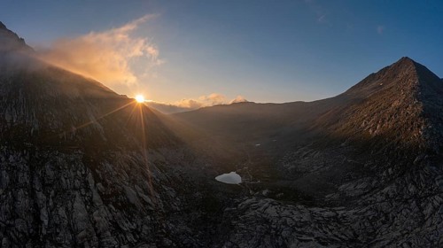 Aerial view of sunrise at Lake MÃ¤rjelen between Eggishorn and Strahlhorn on the Aletsch Glacier,