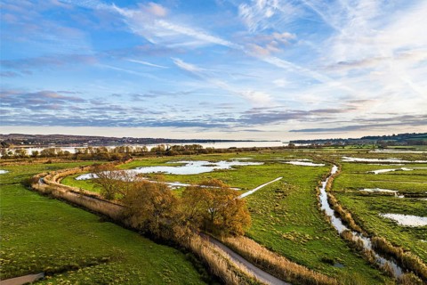 Wetlands and Marshes in RSPB Exminster and Powderham Marshe from a drone, Exeter, Devon, England,