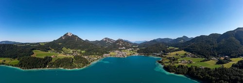 Drone shot, panorama shot, Fuschlsee, Fuschl am See, Alpine foothills, Salzkammergut, Land