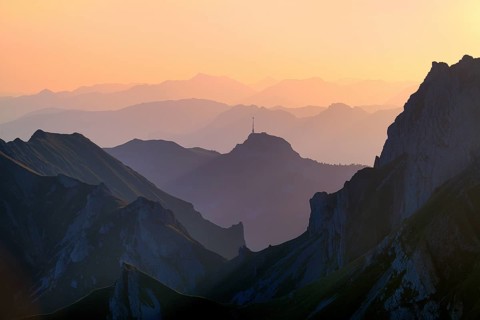Alpstein Mountains at sunrise, view of Mount Hoher Kasten, behind it Vorarlberg Austria, Canton