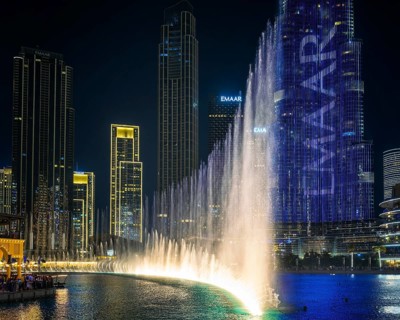 Night shot, water feature in Burj Khalifa Lake, Burk Khalifa, Downtown, Dubai, United Arab