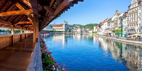 Chapel bridge city on the river Reuss with bridge panorama in Lucerne, Switzerland, Europe