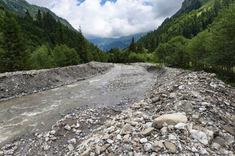 Illegal stream straightening in a nature reserve, Rappenalpbach in the Rappenalptal valley near
