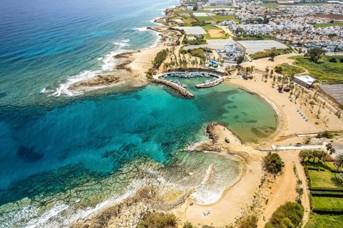 Agia Triada Beach or Trinity Beach seen from the air, Paralimni, Cyprus, Europe