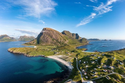 Fishing village Hovden, coast, fjords and mountains, Langoya island, Vesteralen archipelago,