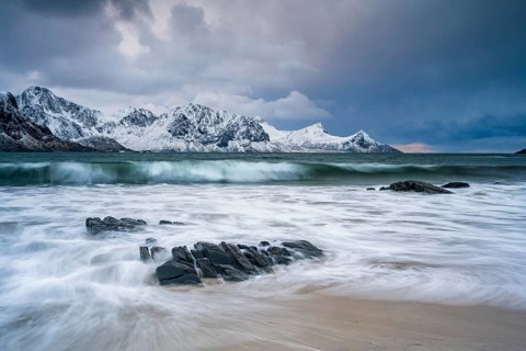 Rocky coast at Haukland beach, Vestvagoya, Lofoten, Norway, Europe