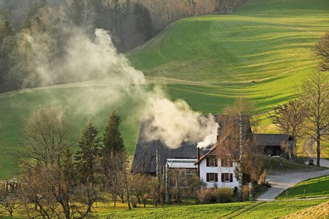 Farmhouse with smoking chimney, Hirzel, Canton Zurich, Switzerland, Europe