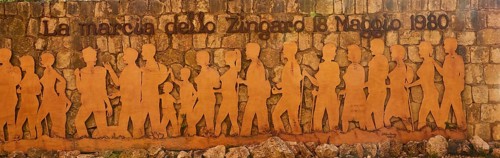 Entrance to the National Park, mural relief, protest march, environmental protection, Zingaro,