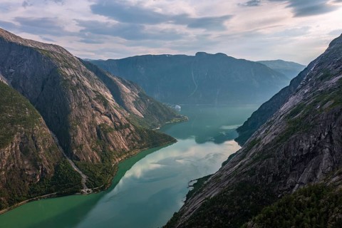 View over the Eidfjord from Kjeasen Mountain Farm, Norway, Europe